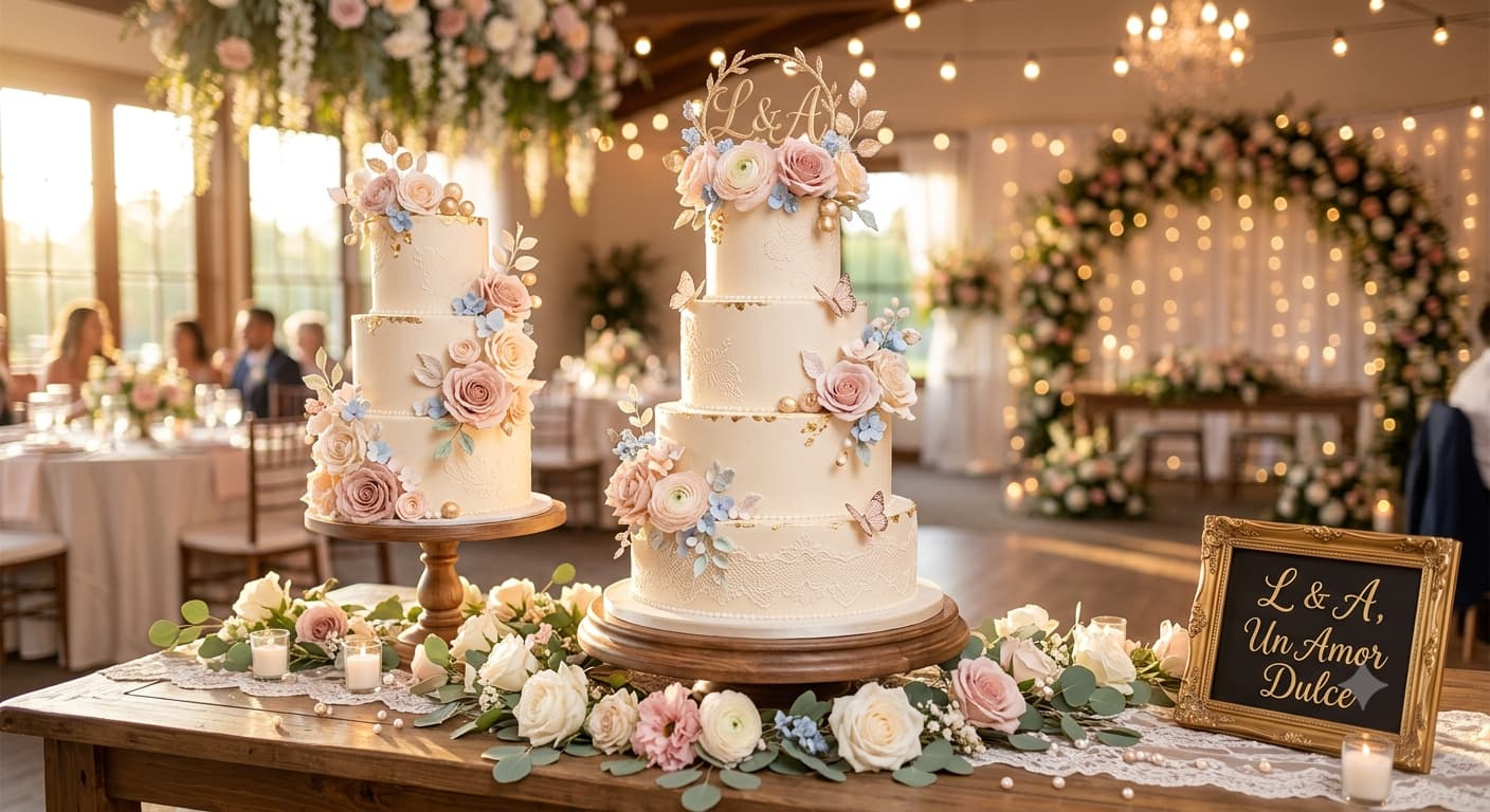 Pastel de bodas romántico blanco para la pareja de novios